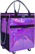 Reusable Grocery Bag On Wheels (Medium, Glitter Purple), Shopping Trolley, Rolling Tote with 8 Pockets and Zipper Cover, Foldable, Heavy Duty Handles, Carries Up to 66 LBS
