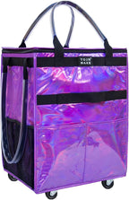 Reusable Grocery Bag On Wheels (Medium, Glitter Purple), Shopping Trolley, Rolling Tote with 8 Pockets and Zipper Cover, Foldable, Heavy Duty Handles, Carries Up to 66 LBS