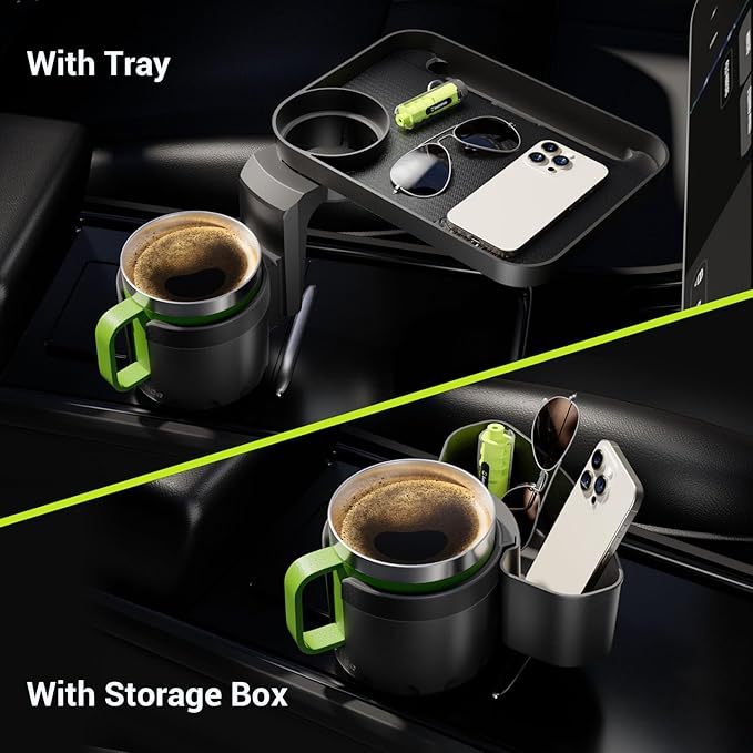 SodaRide Car Cup Holder Expander Tray with Storage Box 4 in 1 Detachable Food Table Tray Car Console Storage Organizer Road T
