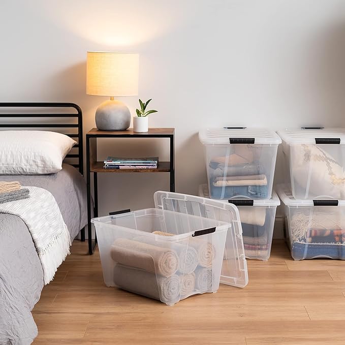 IRIS USA 54 Qt Stackable Plastic Storage Bins with Lids, 12 Pack - BPA-Free, Made in USA - See-Through Organizing Solution, L