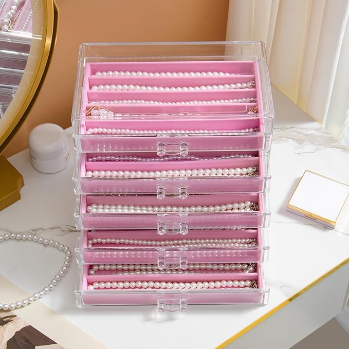YUFONG Necklace Holder Organizer, Dustproof Necklace Box Velvet Necklace Organizer Box with Lid Clear Acrylic Dustproof Stack