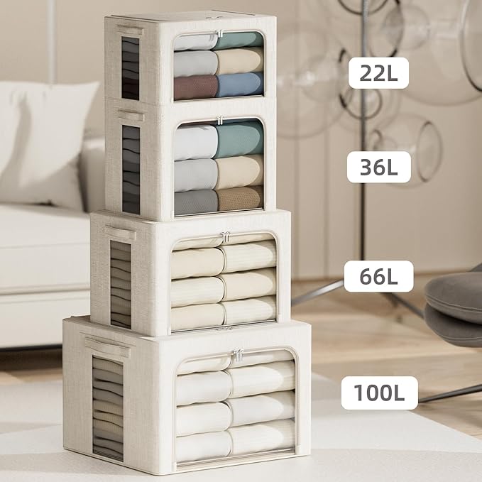 4 Pack Clothes Storage Bins with Metal Frame - 100L Stackable Storage Box with Lid，Foldable Storage Container Organizer for C