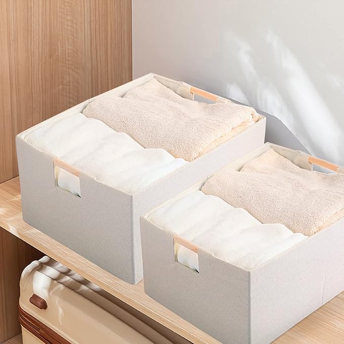Fabric Storage Bin Box Foldable Cotton Linen Storage Basket with Wooden Handles Rectangular Cube Decorative Home Laundry Orga