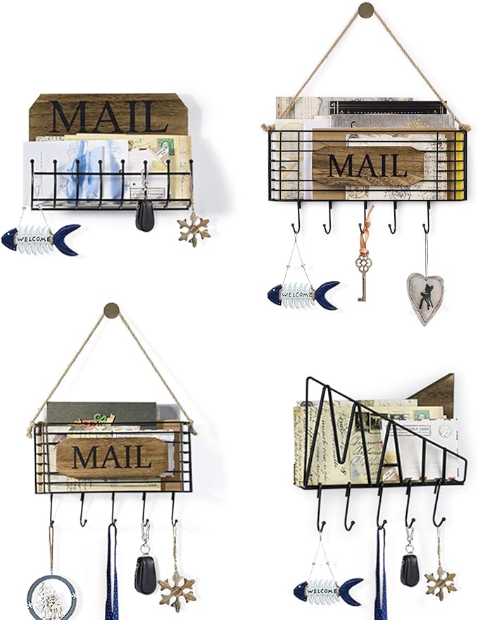 SRIWATANA Rustic Mail Holder Organizer, Key Holder Wall Mount Mail Sorter for Hallway Foyer and Home Decoration - Carbonized 