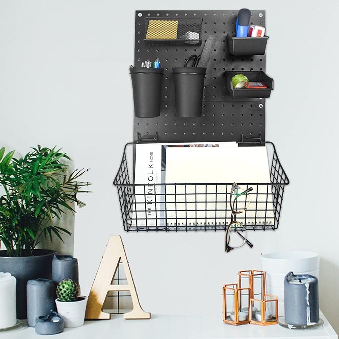 G.CORE 2 Pack Pegboard Baskets, Black Metal Shelves Hooks to 1/8" and 1/4" Hole Peg Boards, Peg Board Baskets Bins Set - Tool