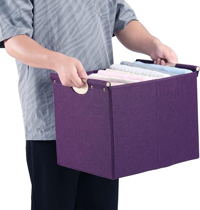 HOONEX Large Collapsible Storage Bins, Linen Fabric, Pack of 2, Storage Baskets with Wooden Carry Handles and Sturdy Heavy Ca