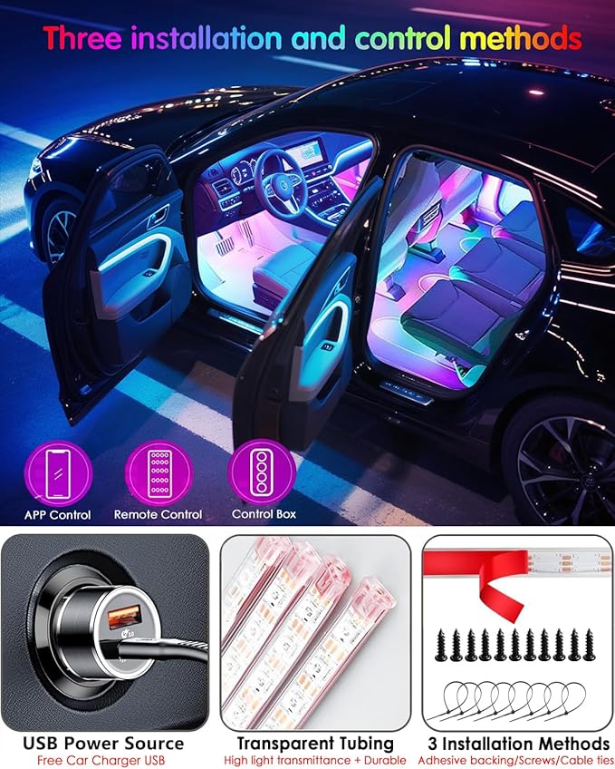 72 LED USB Interior Strip Lights Dream Color RGB-IC 12V DC with App RF Remote Control Multicolor Footwell Under Dash Chasing Inside Light Kits 4 Lines Music Sync Mode for Cars Truck ATV UTV