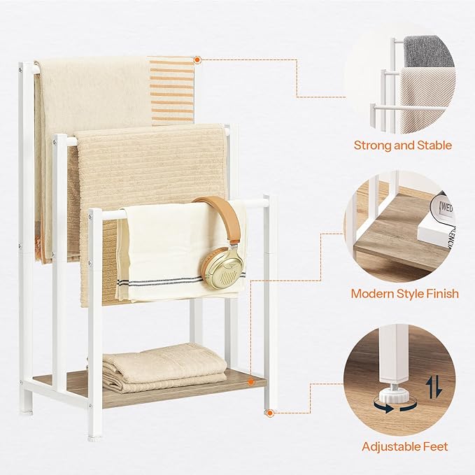HOOBRO Free Standing Towel Rack, 3 Tier Blanket Rack, Blanket Holder for Bathroom, 16.9" L x 11" W x 31.9" H, Industrial Meta