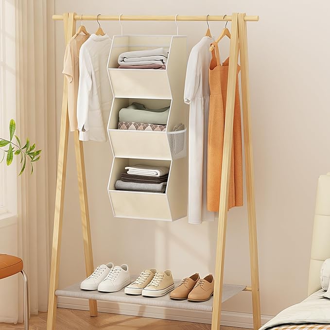 Hanging Closet Organizer 3 Shelf Collapsible Fabric Closet Organizers and Storage Hanging with Mesh Pocket for Clothes, Hangi