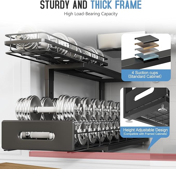 Under Sink Organizer Upgrade To Professional Rails,2-Tier Dual Pull Out Cabinet Storage,Height Adjustable Slide Out Drawers F