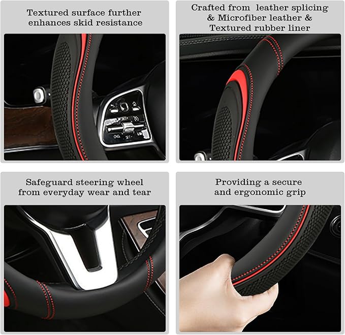 Leather Splicing Black Red Car Steering Wheel Cover,14.5-15 Inch Universal Microfiber Leather Covers Breathable Anti-Slip Odo