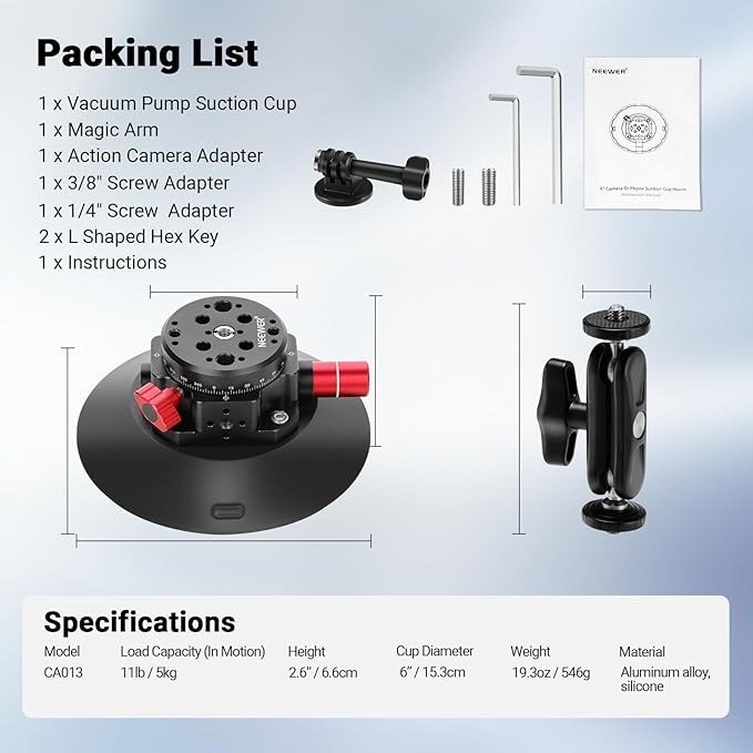 NEEWER 6"/15.2cm Camera Suction Cup Mount with Ball Head Magic Arm, Metal Suction Cup Mount on Car Windshield Dash for Camera/Action Camera/Phone Holder, with 1/4" & 3/8" Mounting Holes for ARRI