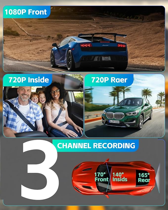 Dash Cam Front Rear and Inside, 3 Channel Dual Dash Camera for Cars W/ 64GB Card,1080P Dashcam Front with Night Vision,Loop R