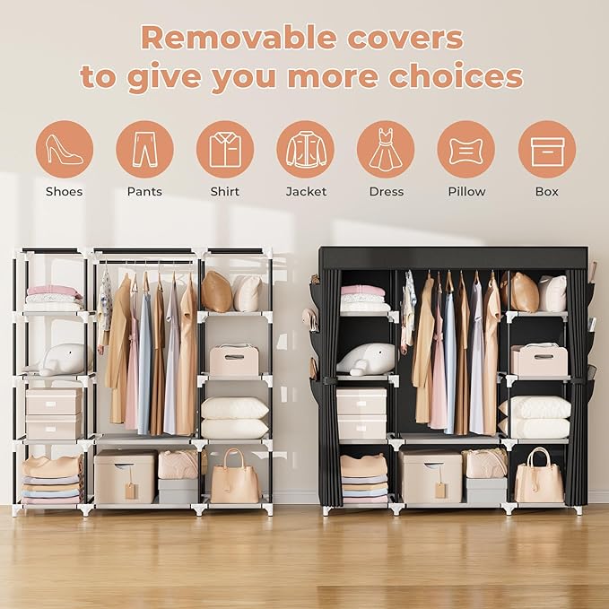 VTRIN Portable Closet Wardrobe for Hanging Clothes 57.3 Inch Large Capacity Clothes Rack with Cover, 10 Storage Organizer She