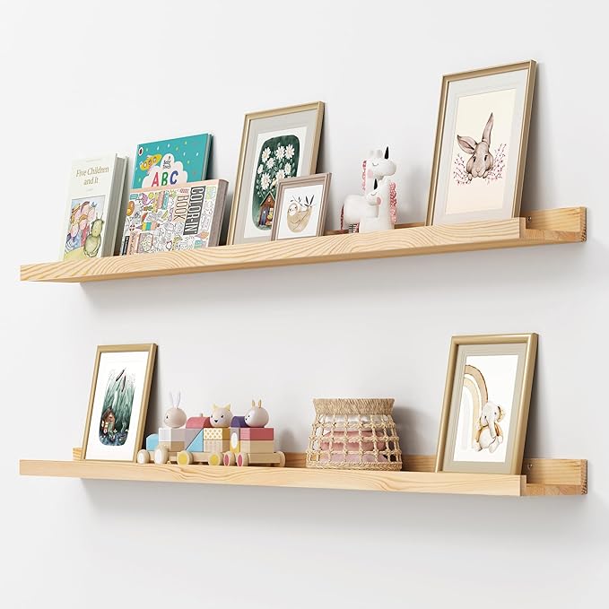 Picture Ledge Shelf, Floating Shelves Set of 2, Solid Ash Wood 56'' Long Large Nursery Book Shelves for Toys Storage, Kids Bo