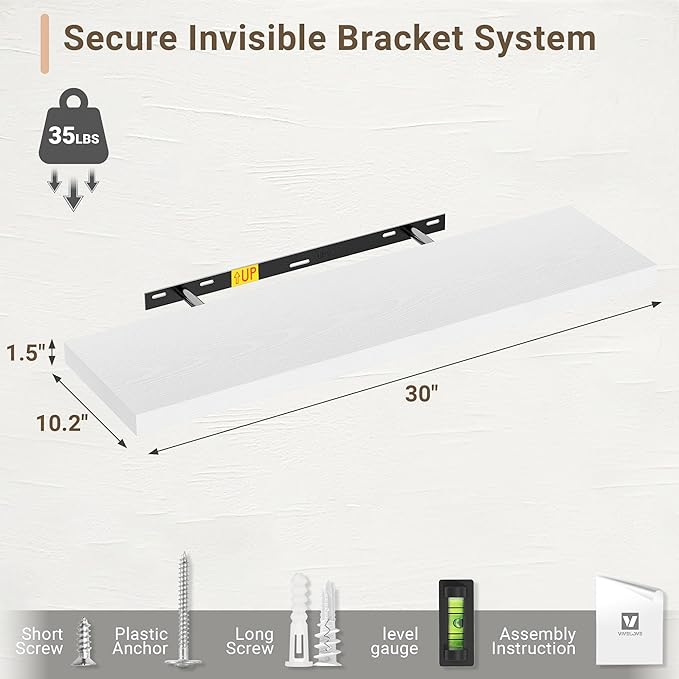 Vivelove 10 in Deep Floating Shelves for Wall, 30" x 10.2" x 1.5" Shelves for Room Wall Mounted, 1.5 Inch Thick Shelf for Bat