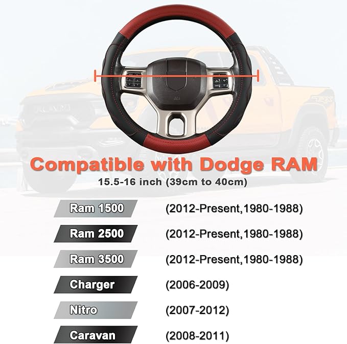 West Llama Customized Auto Car Steering Wheel Cover with 3D Texture for Dodge RAM 1500 2500 3500, 15.5-16 inch (Black+Red-Lar