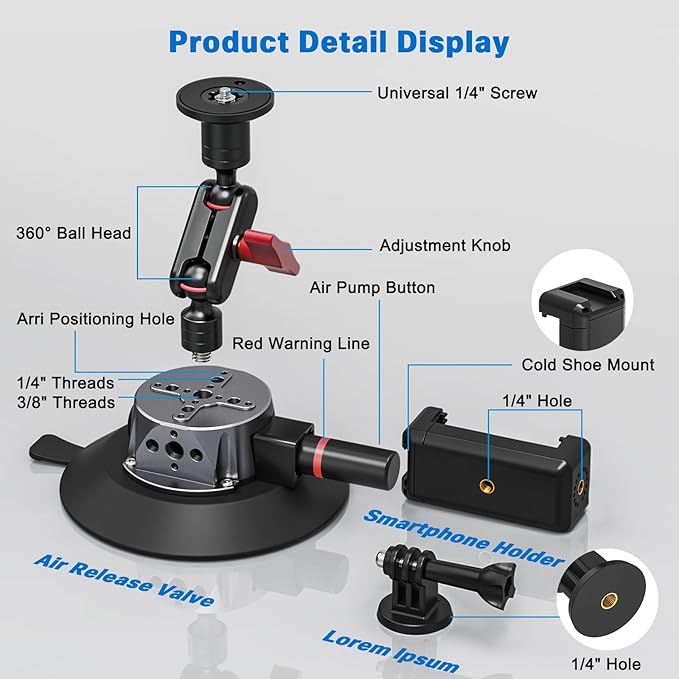 Camera Suction Mount with Ball Head Magic Arm, 5.1"/13cm Metal Air Pump Vacuum Suction Cup Camera Mount on Car Boat Windshield Dash Desk for DSLR/Action Camera/Phone Holder with 1/4" 3/8" ARRI Holes