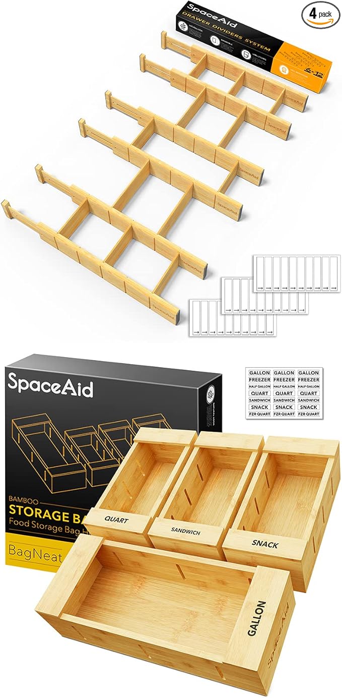 SpaceAid Bamboo Drawer Dividers with Inserts 6 Dividers with 12 Inserts (17-22 in) Bag Storage Organizer for Kitchen Drawer (