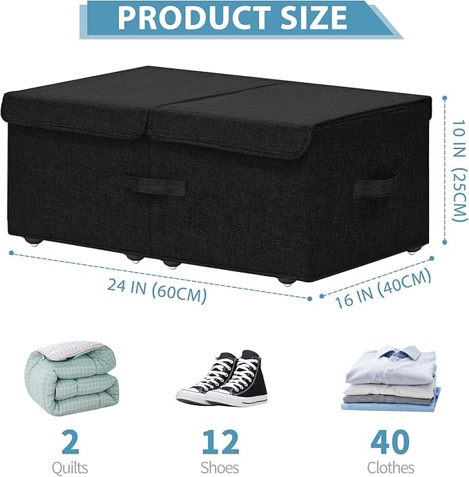 Under Bed Storage Container with Wheels, 2 Pack 10" High Deep Underbed Rolling Box Storage Bins Drawers with Lids for Bedroom