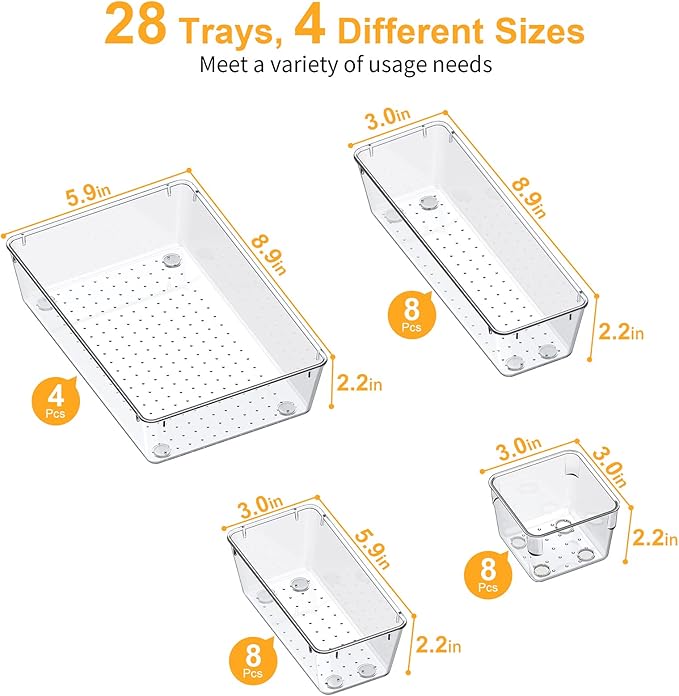 SMARTAKE 28 Piece Drawer Organizers with Non-Slip Silicone Pads, 4-Size Desk Drawer Organizer Trays Storage Tray for Makeup, 