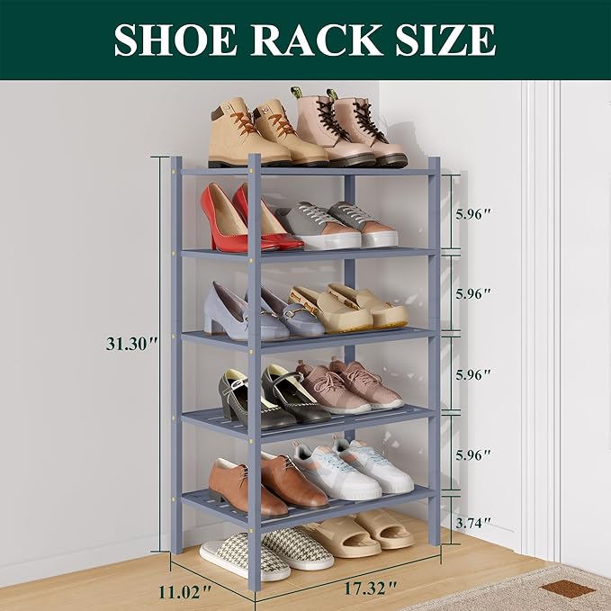 Smiry Small Bamboo Shoe Rack 5-Tier, Stackable Wooden Shoe Organizer for Entryway & Closet, Free Standing Wood Shoe Storage S
