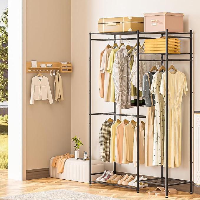 Neprock Portable Closets for Hanging Clothes, Freestanding Clothing Rack with 3 Hang Rods & 5 Shelves, Metal Wardrobe Garment