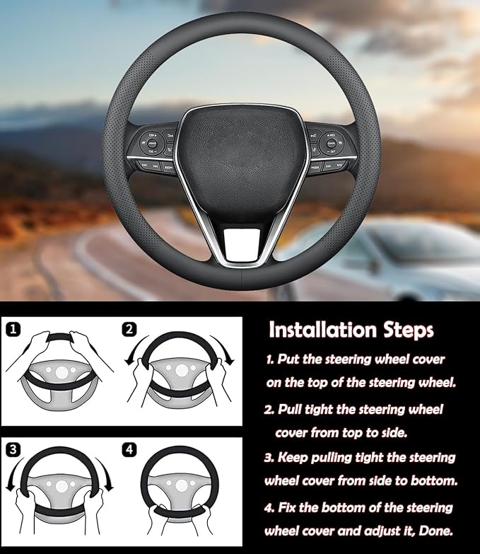XHRING Car Steering Wheel Cover for Ford Fusion Mustang Bronco/Bronco Sport Ranger Maverick Edge Explorer Escape Focus Ecosport Transit Connect Fiesta Taurus Flex Accessories, Black Leather 14 1/2-15"