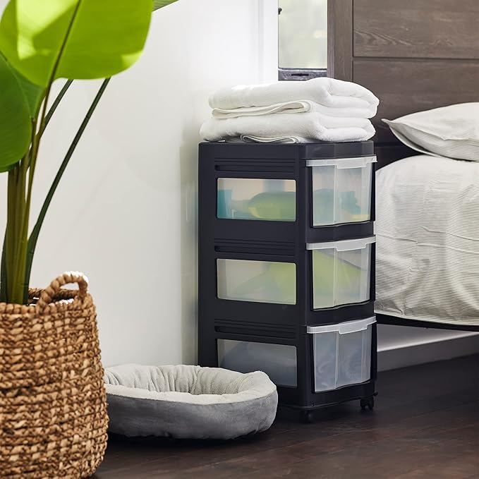 Life Story Classic 3 Tier Shelf Standing Plastic Storage Drawers and Organizer with Wheels for Home, Dorm, or Office Use, Bla