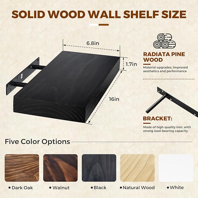Floating Wall Shelf 16x6.8x1.7 Inch – Solid Wood Shelf in Black Finish – Wall Mounted Rustic Display Organizer for Bathroom, 
