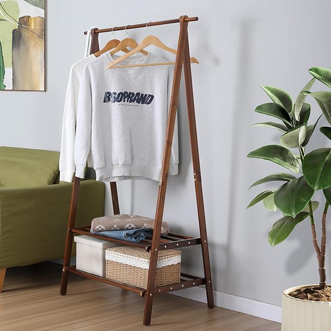 Jotsport Bamboo Clothing Rack Foldable Clothes Hanging Stand with 2 Tier Storage Shelf for Laundry, Guest Room, Apartment, En