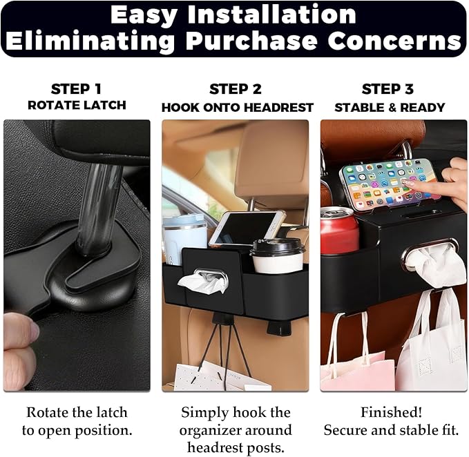 4-in-1 Car Organizer Back Seat,Upgraded Multifunctional Back Seat Car Organizer,Partition Design,Multi-Hanging Storage Box with 2 Cup Holders,Tissue Box, for Hold Mobile Phone(Black)