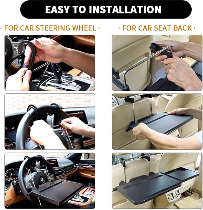 Car Steering Wheel Tray Multi-Functional Back Seat Headrest Tray Black Car Desk for Laptop Working Writing Eating Food Drinking with Extended Drawer