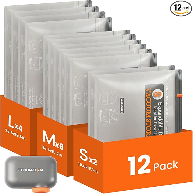 Travel Vacuum Bags for Clothing with Rechargeable Electric Pump, 12 Pack Compression Packing Storage Bags for Luggage and Sui