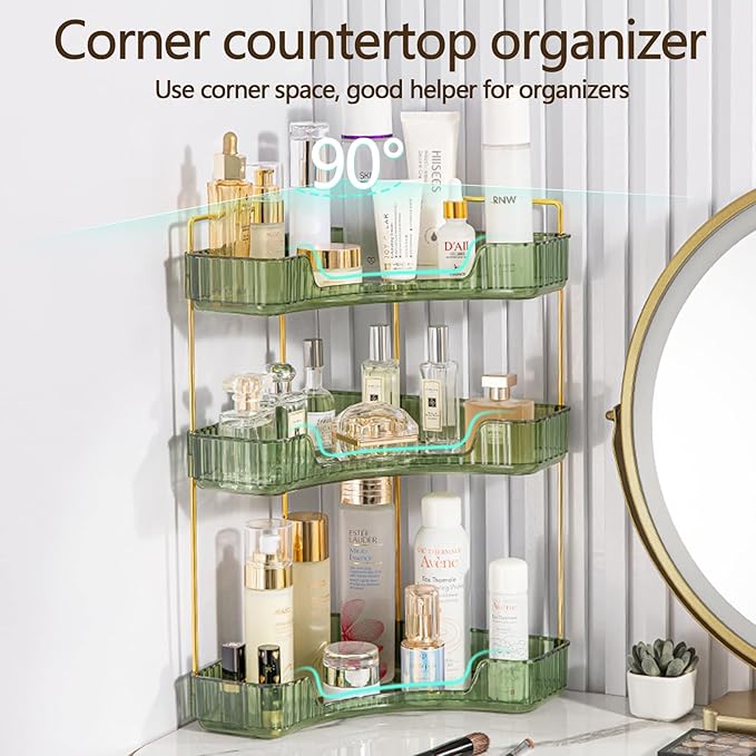 shuang qing 3-Tier Corner Bathroom Counter Organizer – Classic Storage Shelf for Makeup, Perfume & Toiletries, Space-Saving C