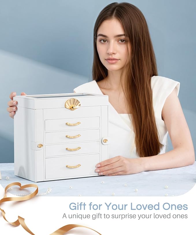 Enthralite Jewelry Box with 4 Drawers: Display Organizer for Earrings Necklaces - Christmas Gifts for Girls Women (White)