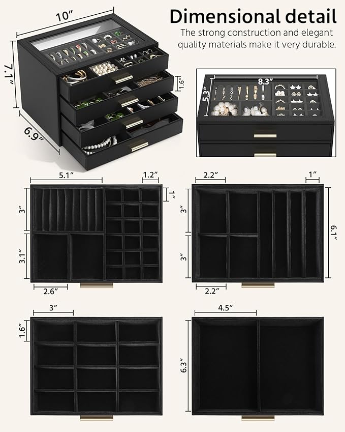 AKOZLIN Jewelry Box with Clear Lid Functional Leather Jewelry Storage Organizer Case 4 Drawers for Women Girls Necklace Ring 