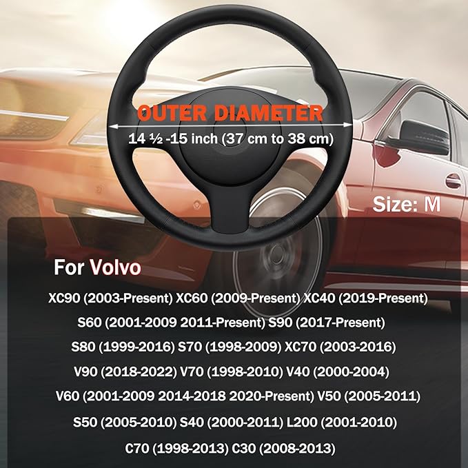 XHRING Car Steering Wheel Cover for Volvo XC90 XC60 S60 XC40 S90 S80 S70 XC70 V90 V70 V60 V50 V40 S50 S40 L200 C70 C30 T5 Momentum B5 R-Design T8 Recharge Accessories, Leather Black 14 ½''-15''