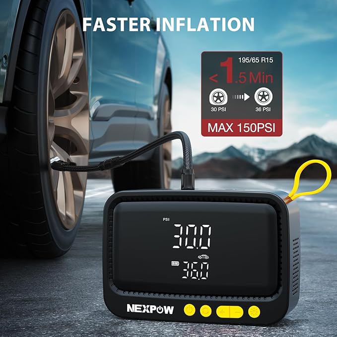NEXPOW Tire Inflator Portable Air Compressor, 150 PSI Air Pump for Car Tires with Digital Pressure Gauge & Auto Shut-Off, Air Compressor Portable for Car, Motorcycle, Bicycle, Balls, Yellow