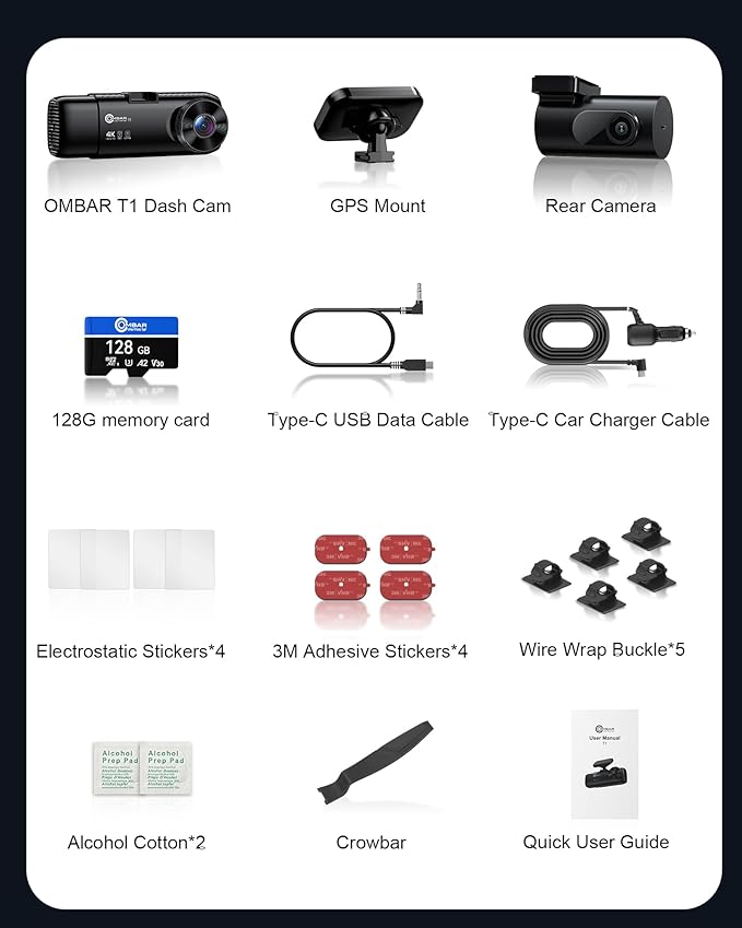 OMBAR T1 4K 3 Channel Dash Cam, STARVIS 2 IMX678 Sensors, Free 128GB Card, 2025 New Full Color HDR Night Vision, 4K+1080P+108