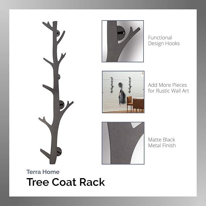 TERRA HOME Tree Branch Coat & Hat Rack Wall Mount with 8 Vertical Hooks for Caps, Coats, Purse & More Modern Storage Dog Leas