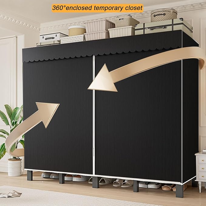 95.3in Heavy Duty Clothe Rack with Cover Load 1200lbs Foldable Portable Wardrobe Closets for Hanging Clothes Freestanding Clo