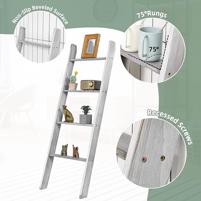 Tangkula 4-Tier Wooden Blanket Ladder, 4.5 ft Farmhouse Storage Rack, Wall Leaning Ladder Shelf Stand, Decorative Blanket She