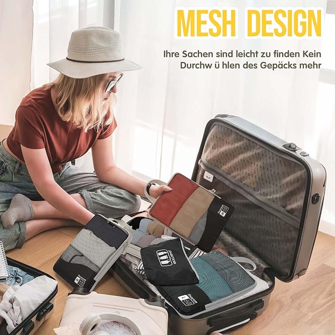 Compression Packing Cubes 8 Set, Dual Zipper Compression Packing Cubes for Travel, See-Through Mesh Packing Bags for Suitcase