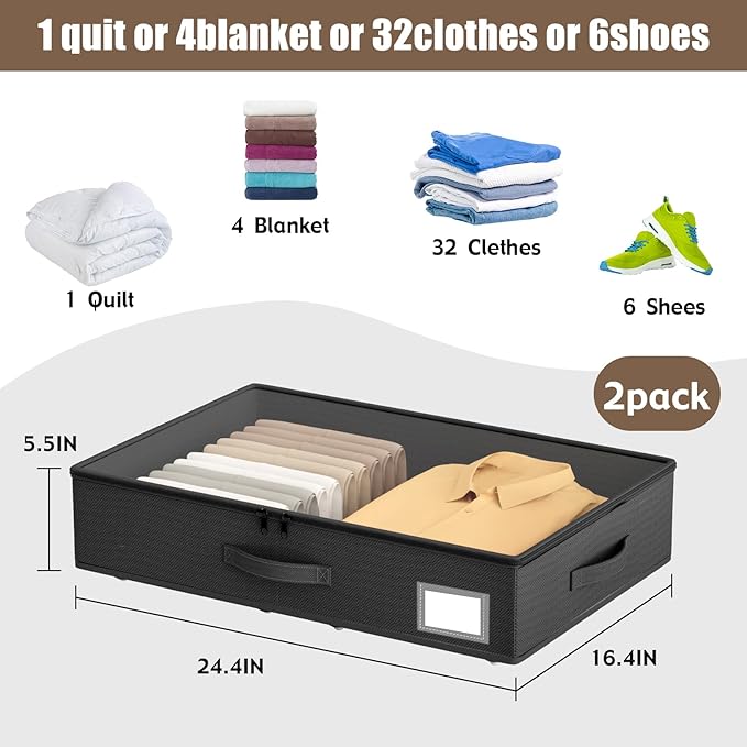 Underbed Storage With Wheels, No Assembly Required - 5.5 Inch Height Black Underbed Bins, Low Profile Rolling Shoe Storage Co