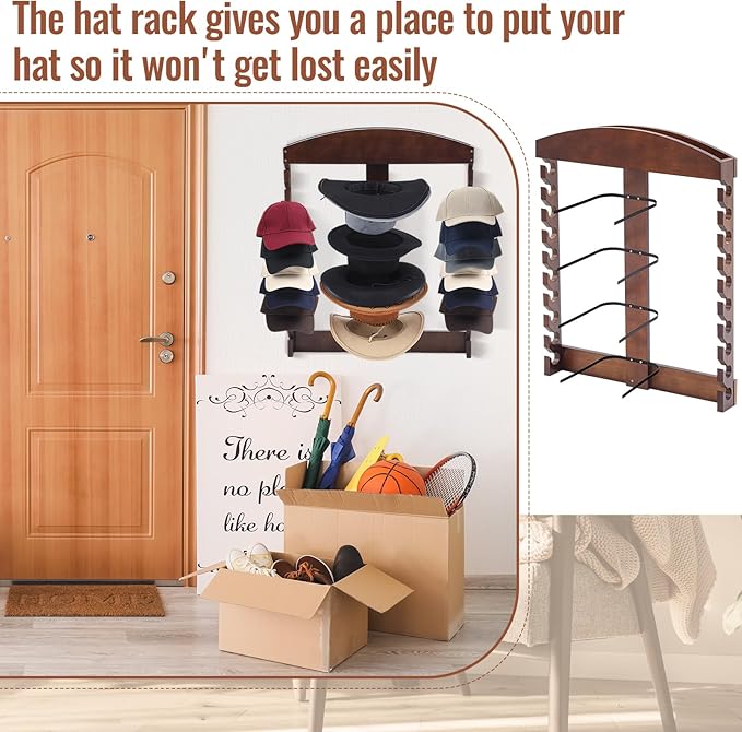 Wonderjune Wooden Hat Racks for Baseball Caps, Display Wall Mounted four Cowboy Hat Rack Baseball Cap Display Racks Wood Vert