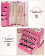Homde Synthetic Leather Huge Jewelry Box Mirrored Watch Organizer Necklace Ring Earring Storage Lockable Gift Case (Pink + Go