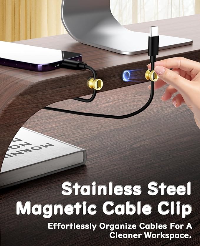 Magnetic Cord Clips 6 Pack, Maveek Wire Organizer Metal Cable Clips Adhesive Cable Management for USB Charging Cords, Desk Office Car Dash Cam Nightstand (Premium Gold Edition)