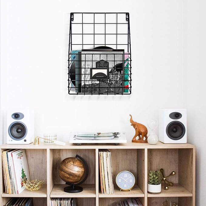 Flexzion Wall Mounted Magazine File Rack Organizer for Mail Entryway Kitchen Office Bathroom Home Basket Bin Decor Metal Wire