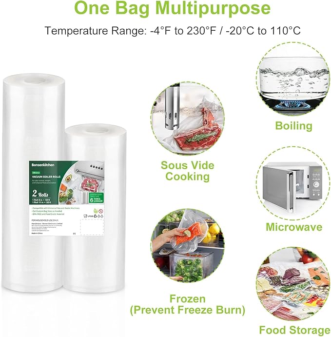 Bonsenkitchen Vacuum Food Sealer Rolls Bags, 8" x 50' & 11" x 50' Commercial Grade BPA Free Bag Rolls, Durable Customized Siz